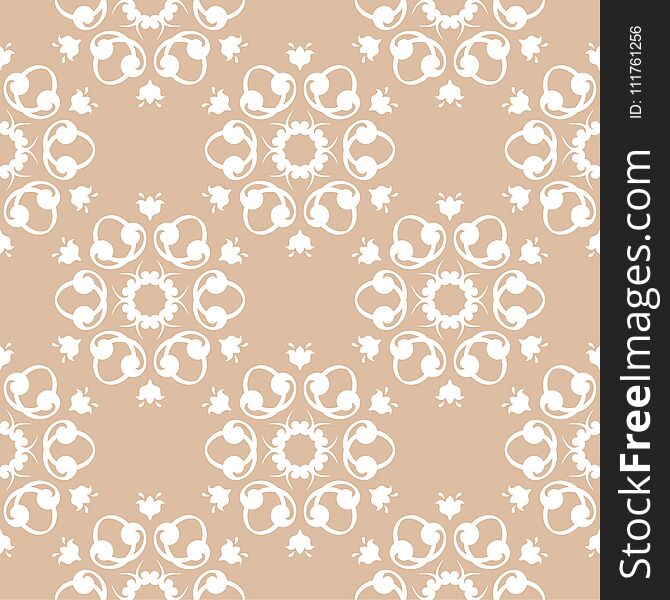 White floral ornament on beige background. Seamless pattern for textile and wallpapers. White floral ornament on beige background. Seamless pattern for textile and wallpapers