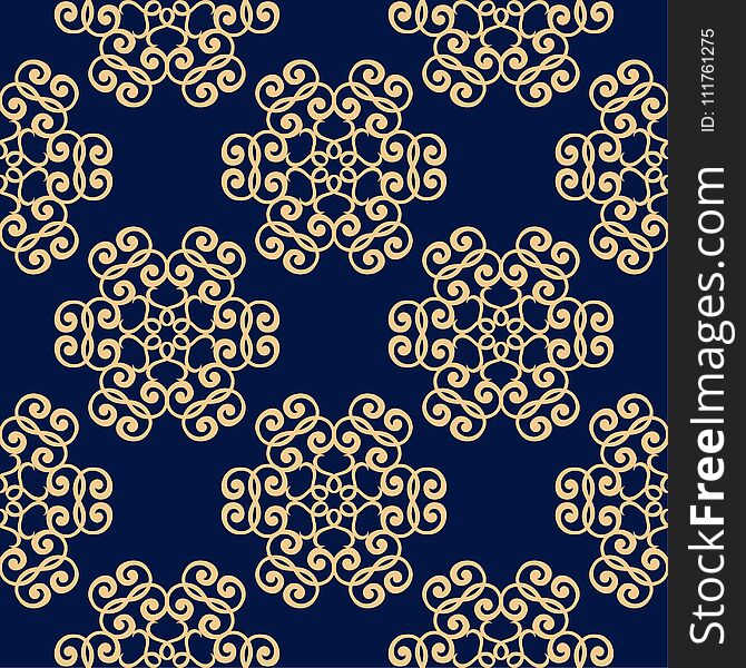 Golden floral ornament on dark blue background. Seamless pattern for textile and wallpapers. Golden floral ornament on dark blue background. Seamless pattern for textile and wallpapers