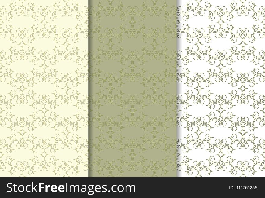 Set of olive green floral backgrounds. Seamless patterns