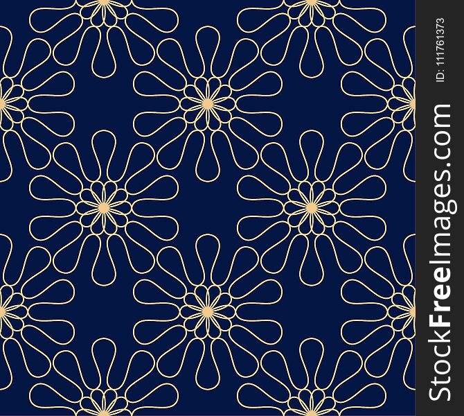 Golden flowers on blue background. Ornamental seamless pattern