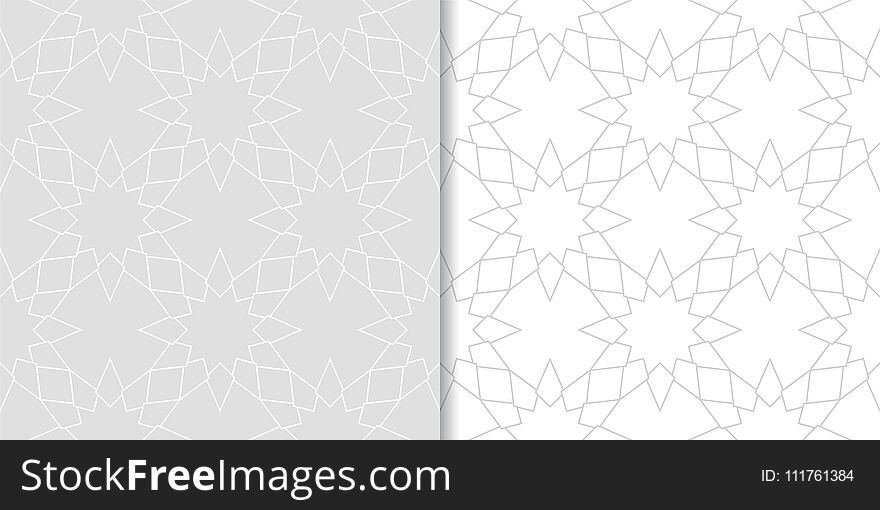 Set Of Geometric Ornaments. Light Gray Seamless Patterns