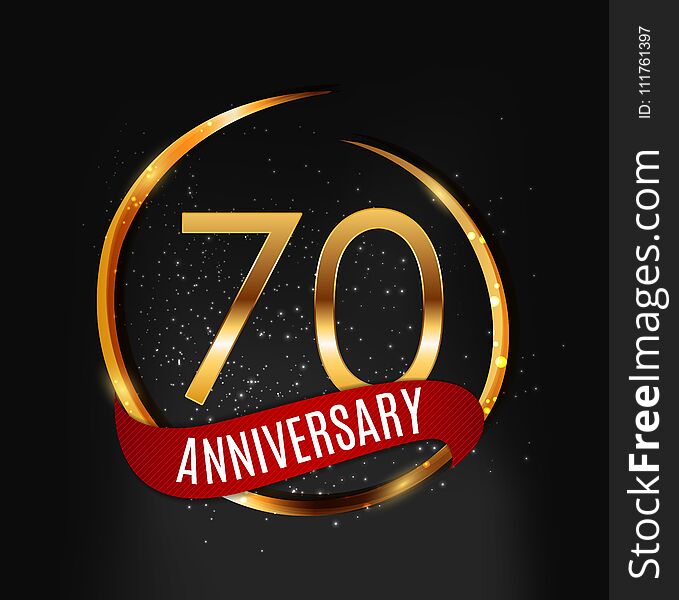 Template Gold Logo 70 Years Anniversary With Red Ribbon Vector Illustration