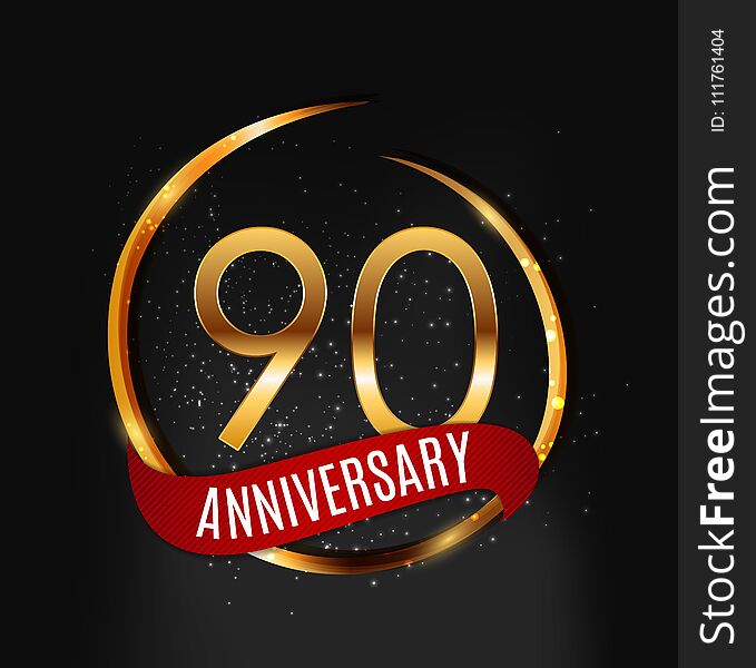 Template Gold Logo 90 Years Anniversary With Red Ribbon Vector Illustration