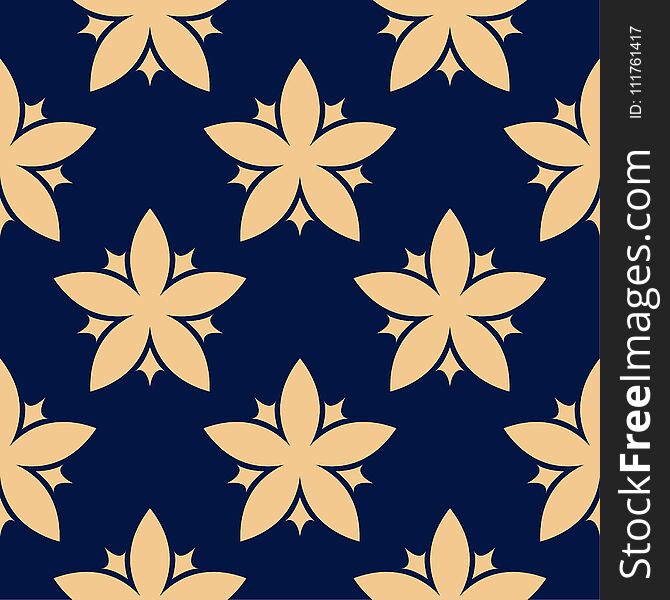 Golden floral ornament on dark blue background. Seamless pattern for textile and wallpapers. Golden floral ornament on dark blue background. Seamless pattern for textile and wallpapers