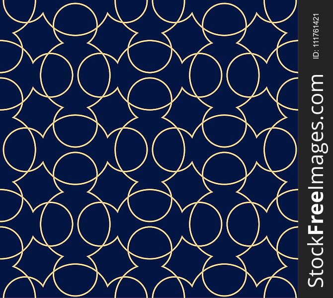 Golden blue geometric ornament. Seamless pattern for web, textile and wallpapers
