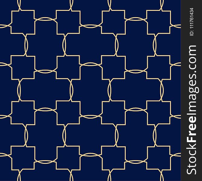 Golden blue geometric ornament. Seamless pattern