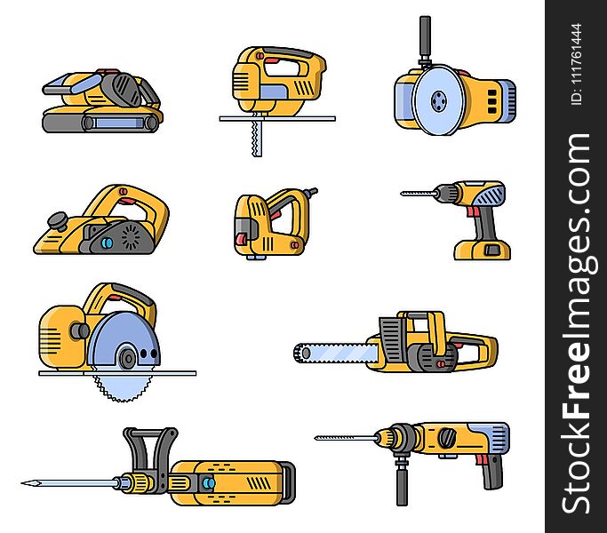 Set of electric construction tools. Flat style professional builder tool. Angle belt grinder, chainsaw, circular saw, jackhammer, jigsaw, jointer, puncher, screwdriver stapler Vector illustration