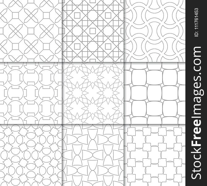 Light gray geometric ornaments. Collection of seamless patterns