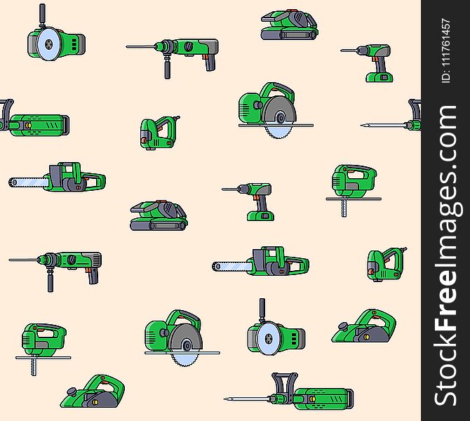 Seamless pattern of electric construction tools. Flat style seamless background of professional builder tool. Angle belt grinder, chainsaw, circular saw, jackhammer, jigsaw, jointer, puncher, screwdriver, stapler. Vector illustration