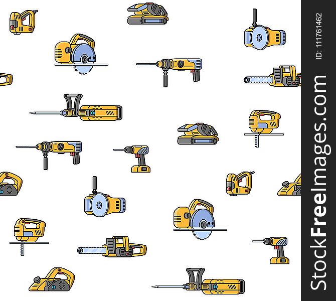 Seamless pattern of electric construction tools. Flat style seamless background of professional builder tool. Angle belt grinder, chainsaw, circular saw, jackhammer, jigsaw, jointer, puncher, screwdriver, stapler. Vector illustration
