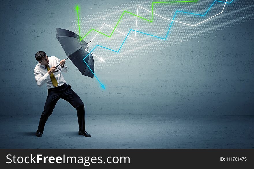 Business person with umbrella and colorful stock market arrows concept