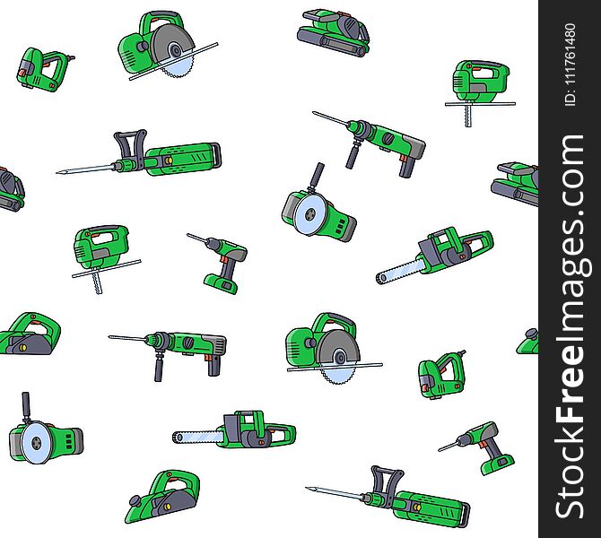 Seamless pattern of electric construction tools. Flat style seamless background of professional builder tool.