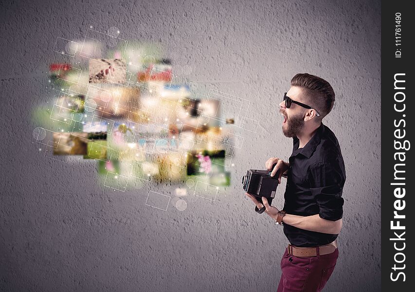 A funny stylish hipster guy capturing moments and memories with a retro photo camera illustration concept. A funny stylish hipster guy capturing moments and memories with a retro photo camera illustration concept