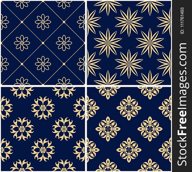 Floral patterns. Set of golden blue seamless backgrounds