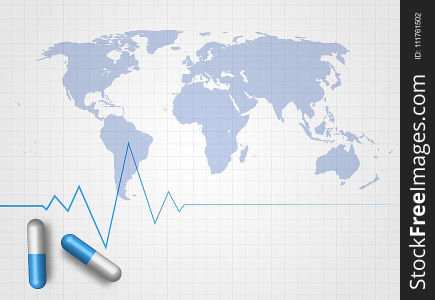Medicines and heartbeat line on world map and grid background represent medical concept and global connection.