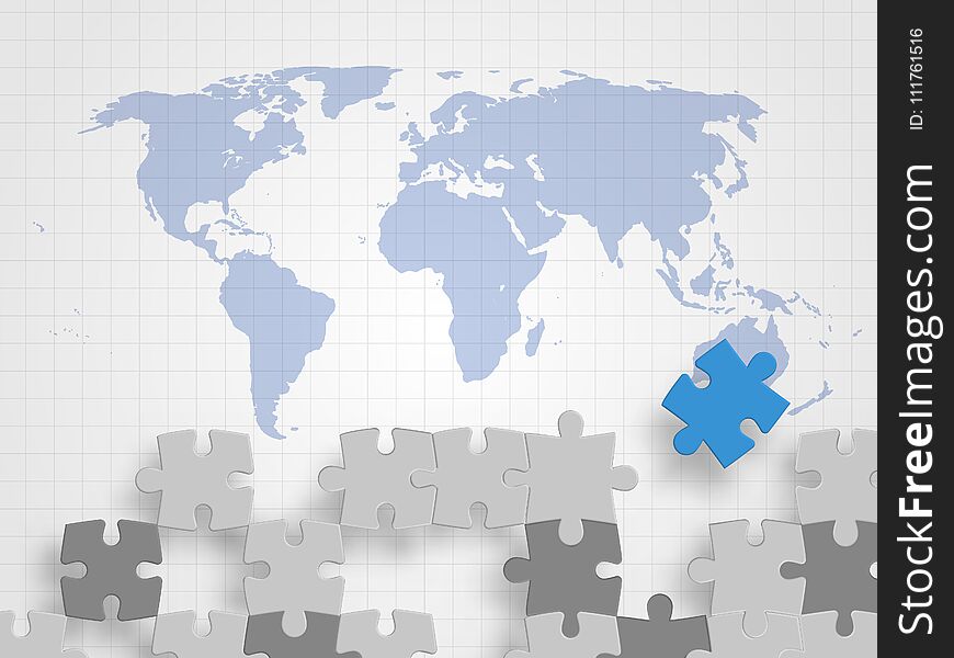 Pieces of jigsaw on world map represents concept of teamwork, creative thinking, global connection and innovation. Technology Background. Vector illustration.