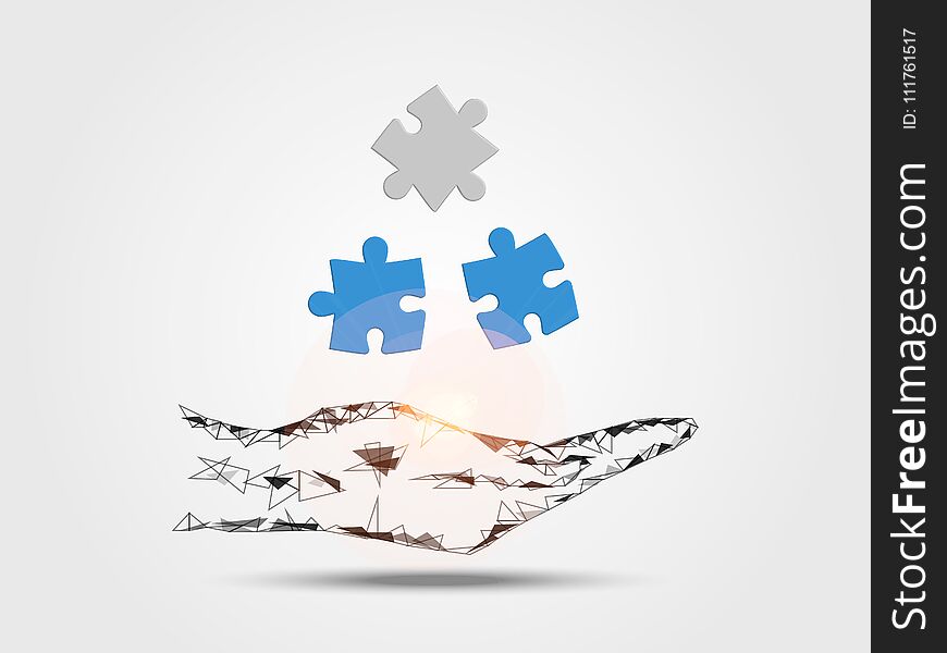 Pieces of jigsaw on hand represents concept of engineering and innovation. Technology Background. Vector illustration