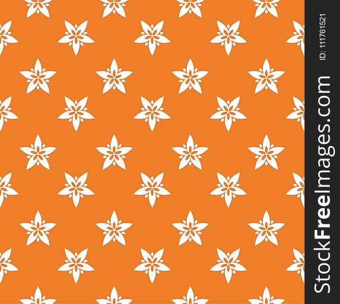 White floral design on orange background. Seamless pattern for textile and wallpapers. White floral design on orange background. Seamless pattern for textile and wallpapers