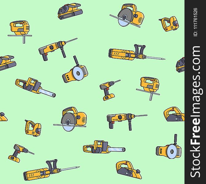 Seamless pattern of electric construction tools. Flat style seamless background of professional builder tool.