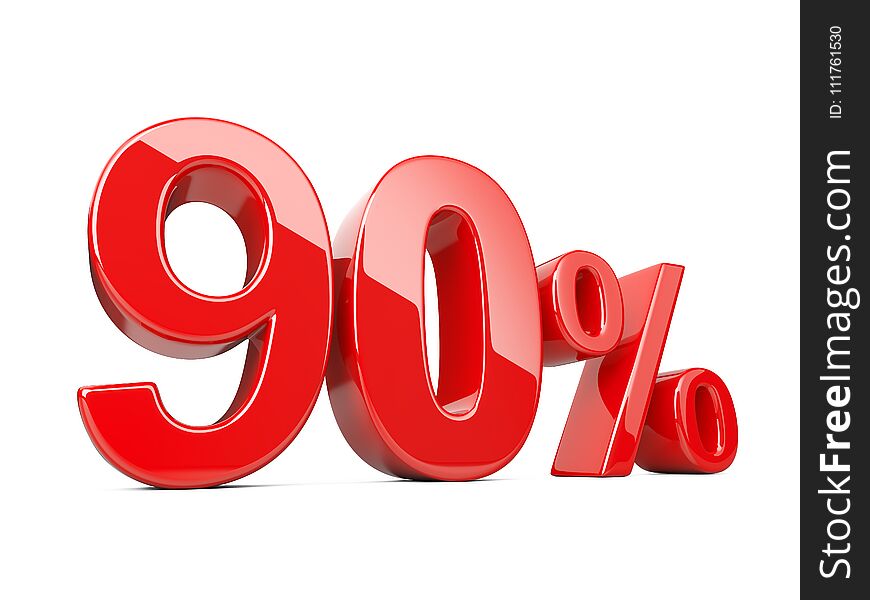 Ninety red percent symbol. 90% percentage rate. Special offer discount. 3d illustration isolated over white background.