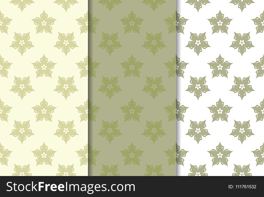 Olive Green Floral Seamless Ornaments. Set Of Vertical Patterns