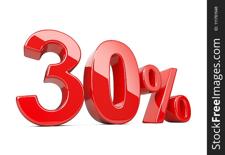 Thirty red percent symbol. 30% percentage rate. Special offer discount. 3d illustration isolated over white background.