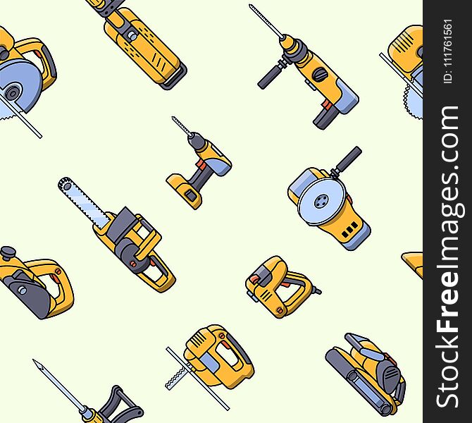 Seamless pattern of electric construction tools. Flat style seamless background of professional builder tool. Angle belt grinder, chainsaw, circular saw, jackhammer, jigsaw, jointer, puncher, screwdriver, stapler. Vector illustration