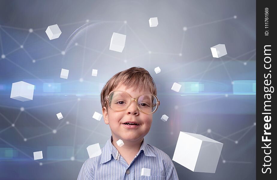 Little boy with luminous cubes around and 3D concept. Little boy with luminous cubes around and 3D concept