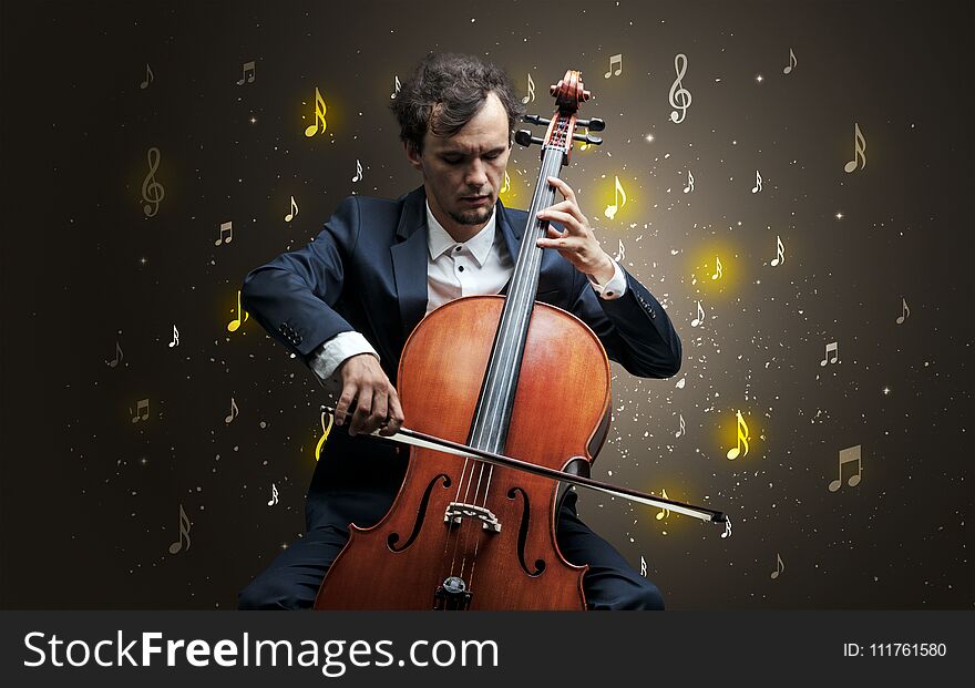 Young cellist with falling musical notes wallpaper and classical concept. Young cellist with falling musical notes wallpaper and classical concept
