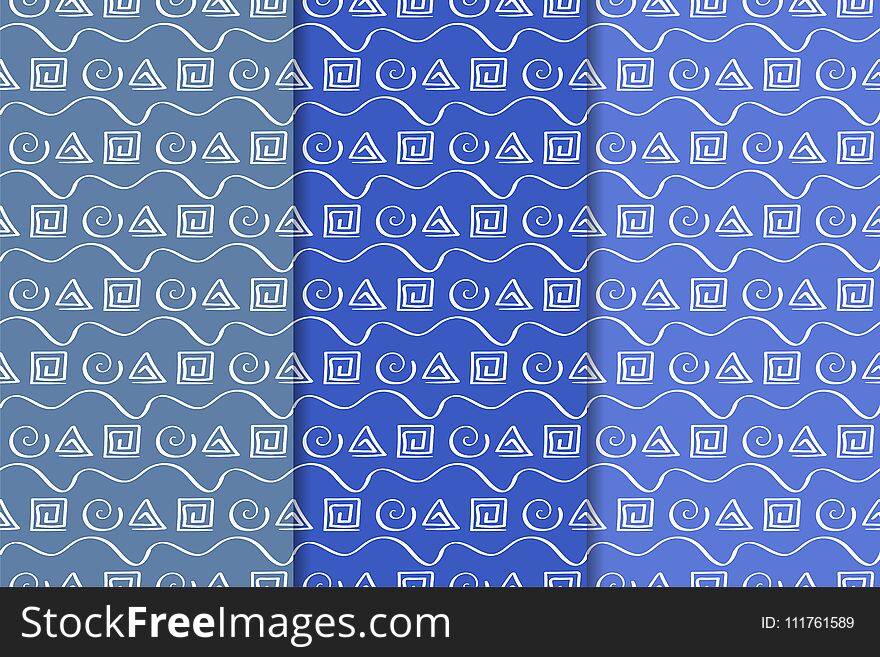 Blue geometric ornaments. Set of vertical seamless patterns for web, textile and wallpapers. Blue geometric ornaments. Set of vertical seamless patterns for web, textile and wallpapers