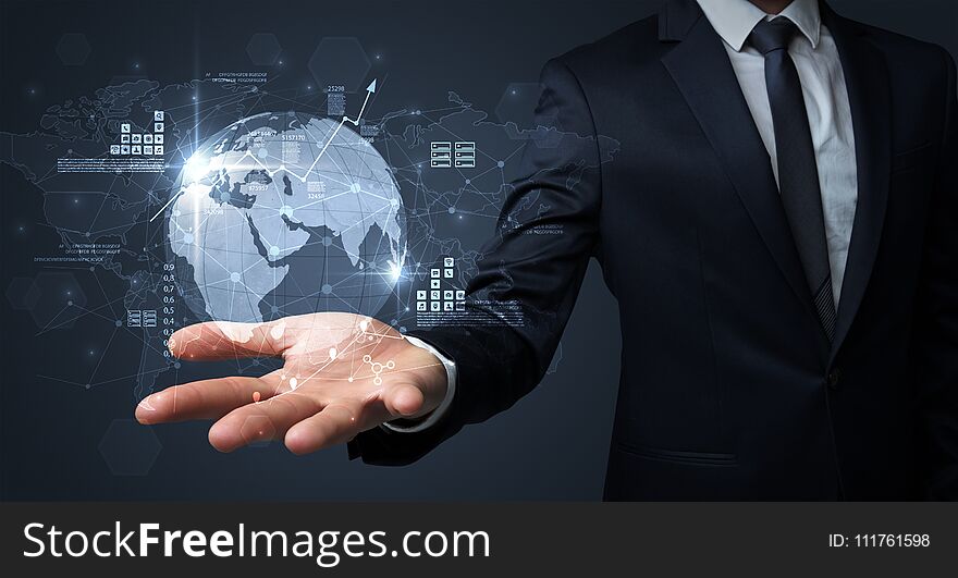 Businessman handing transparent global information flow concept on his hand. Businessman handing transparent global information flow concept on his hand