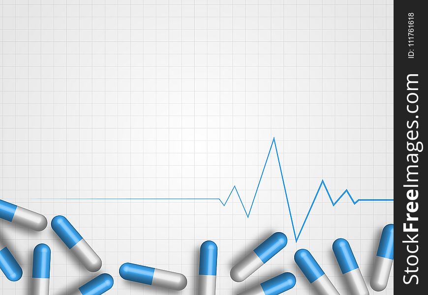 Medicines and heartbeat line on grid background represent medical and health care concept. Technology Background.