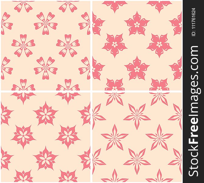 Floral patterns. Set of beige and red seamless backgrounds