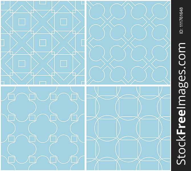 Geometric patterns. Set of blue and white seamless backgrounds. Vector illustration