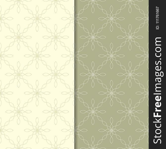 Olive Green Geometric Ornaments. Set Of Seamless Patterns