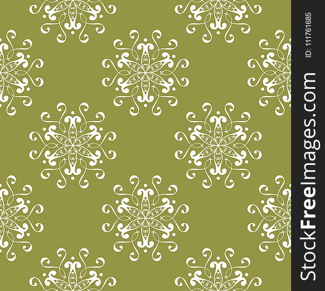 White floral ornament on olive green background. Seamless pattern for textile and wallpapers. White floral ornament on olive green background. Seamless pattern for textile and wallpapers