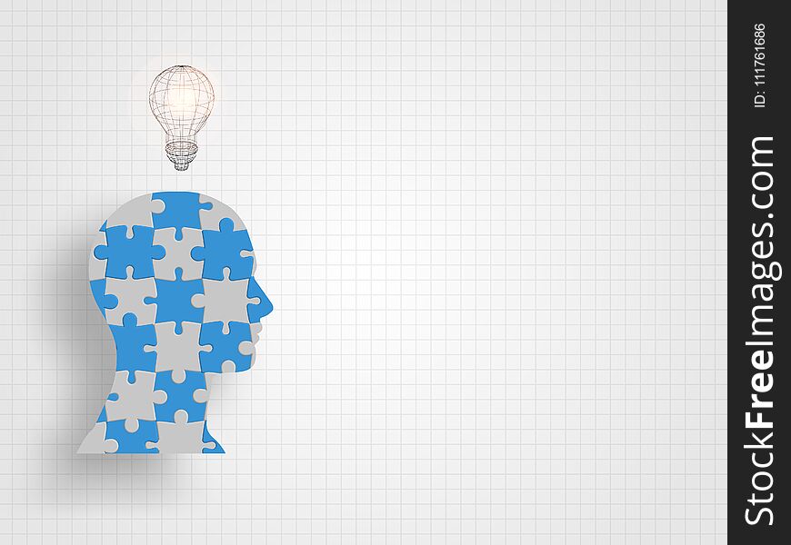 Lightbulb on Human head model that filled with jigsaw on grid background represent design thinking and innovation concept. Technology background. Vector illustration.