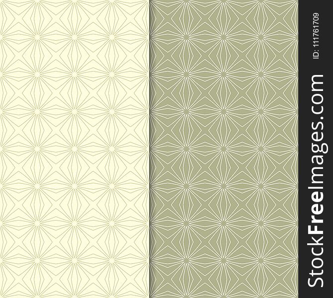 Olive green geometric ornaments. Set of seamless patterns for web, textile and wallpapers