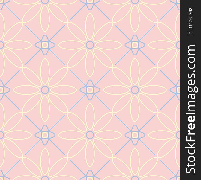 Floral seamless pattern. Pale pink background with light blue and yellow flower elements