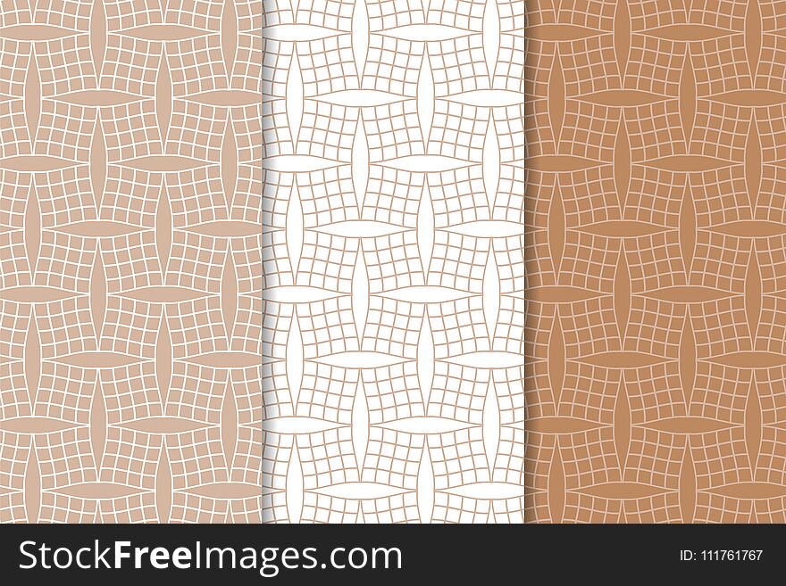 Brown and white geometric ornaments. Set of seamless patterns for web, textile and wallpapers
