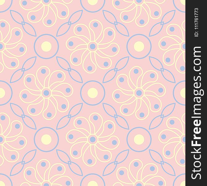 Floral Pale Pink Seamless Background. Floral Pattern With Light Blue And Yellow Elements