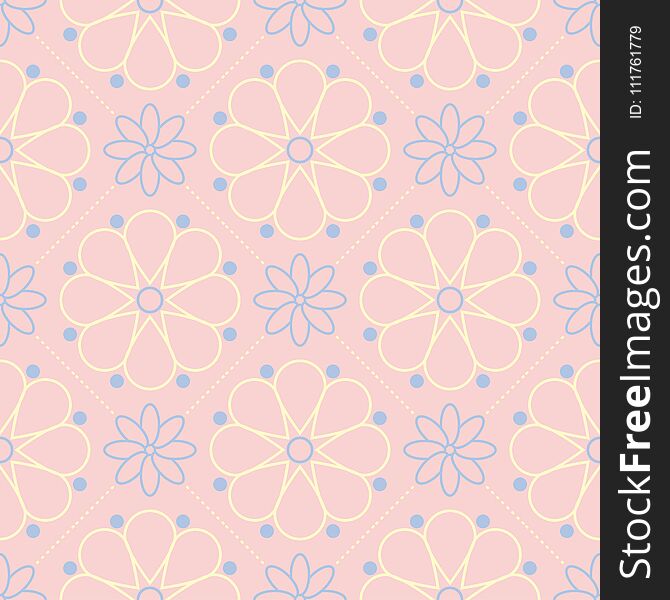 Pink floral seamless pattern with light blue and yellow flower elements