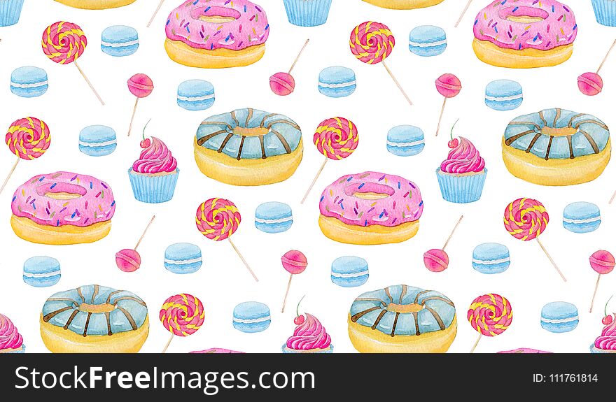 Set of sweets with donuts, candy, capcake, lollipop, macaroons and cup of coffee on white background. Colorful watercolor pattern.