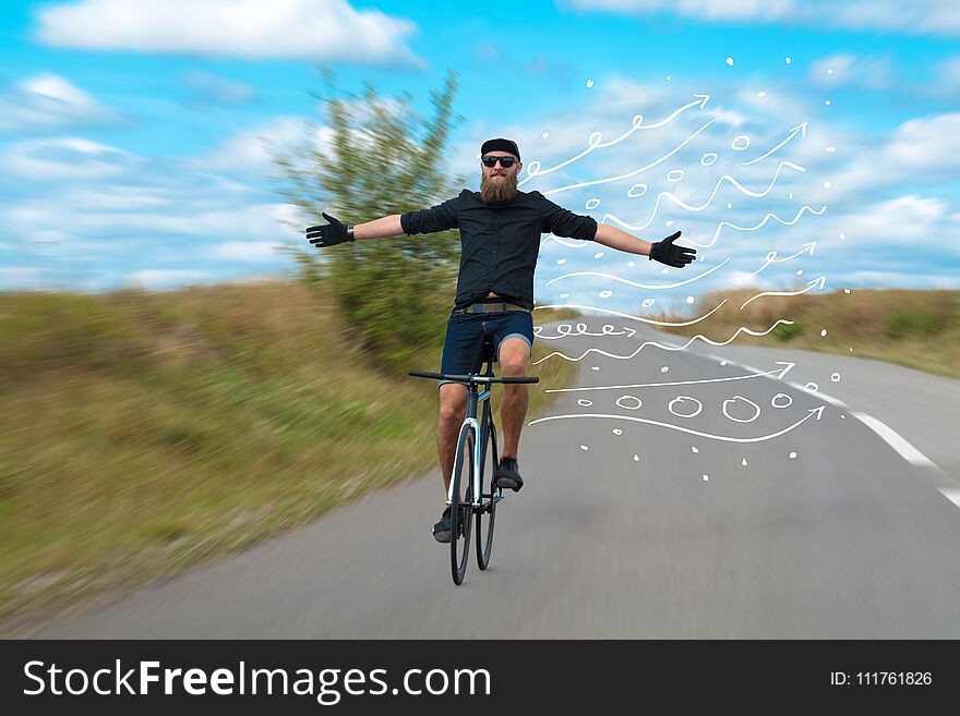 Fashion person riding bicycle in the nature with doodle concept. Fashion person riding bicycle in the nature with doodle concept