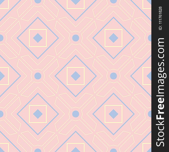 Seamless background with colored geometric pattern. Pink, blue and beige elements