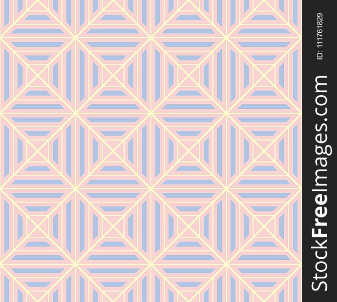 Geometric seamless pattern. Pale pink background with blue and beige elements for wallpapers, textile and fabrics