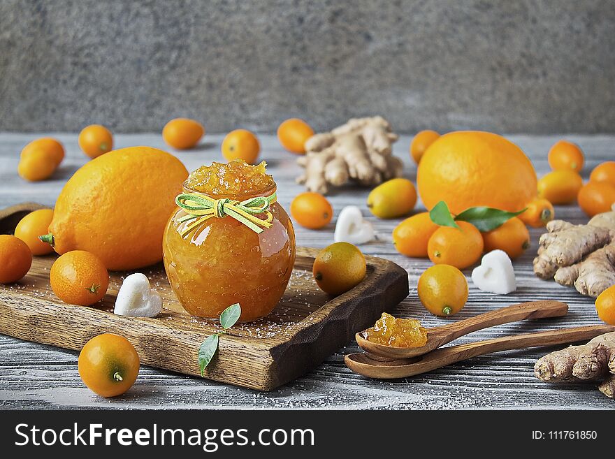 Homemade Ginger, Lemon And Kumquat Jam In A Glass Jar