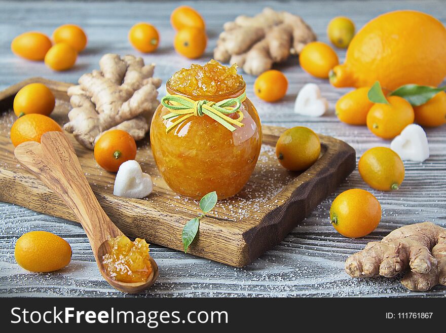 Homemade Ginger, Lemon And Kumquat Jam In A Glass Jar