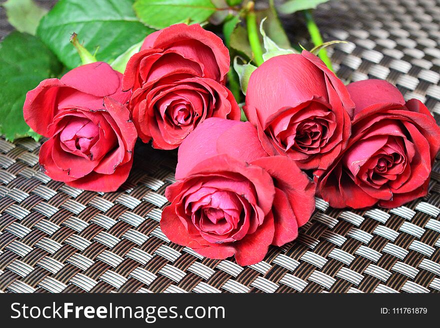 Five red rose buds on a braided chocolate shade. Standard photo sizes. Five red rose buds on a braided chocolate shade. Standard photo sizes.