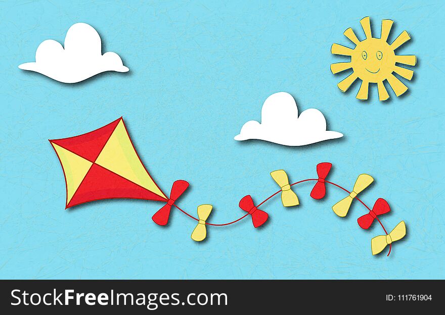 Colored kite flies on background of blue sky. Concept of freedom, ease of life, holiday, vacation time. Idyllic cartoon illustration of warm summer day with shadow. Marbled, scratched background.